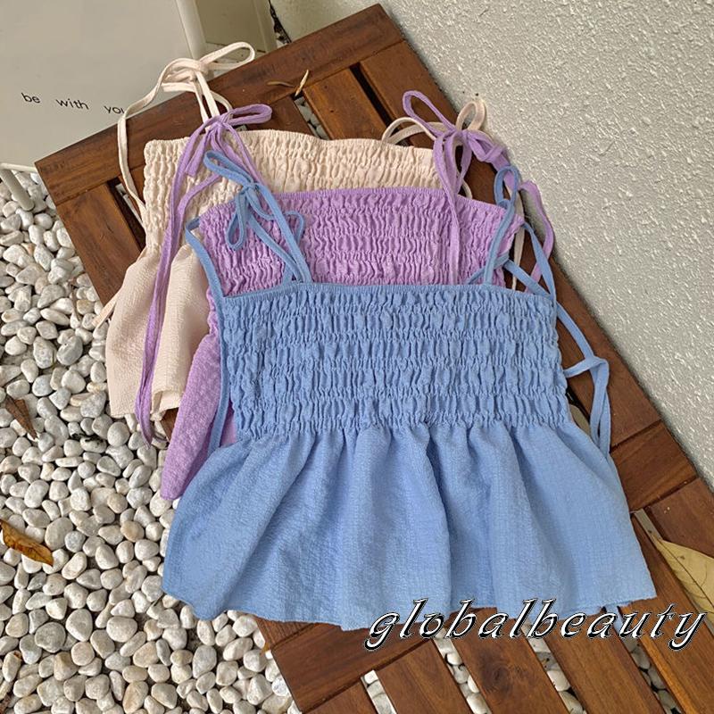 Áo Hai Dây Kiểu Xếp Ly Màu Trơn Thời Trang Mùa Hè Cho Nữ