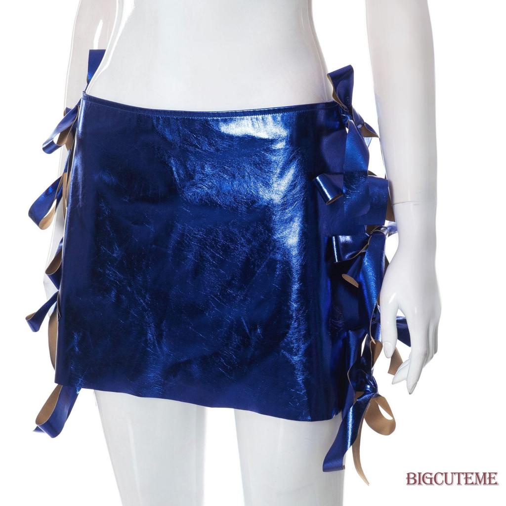 [] - Chân Váy Mini Ôm Dáng Thắt Nơ Hông Màu Xanh Dương Ánh Kim Lấp Lánh Thời Trang Cho Nữ