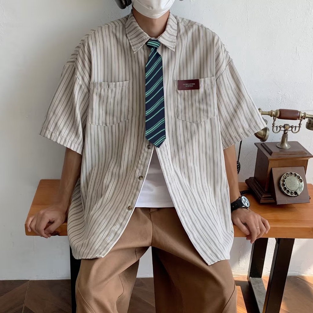 Áo Sơ Mi Tay Lửng Dáng Rộng Họa Tiết Kẻ Sọc Thời Trang Mùa Hè Cho Cặp Đôi