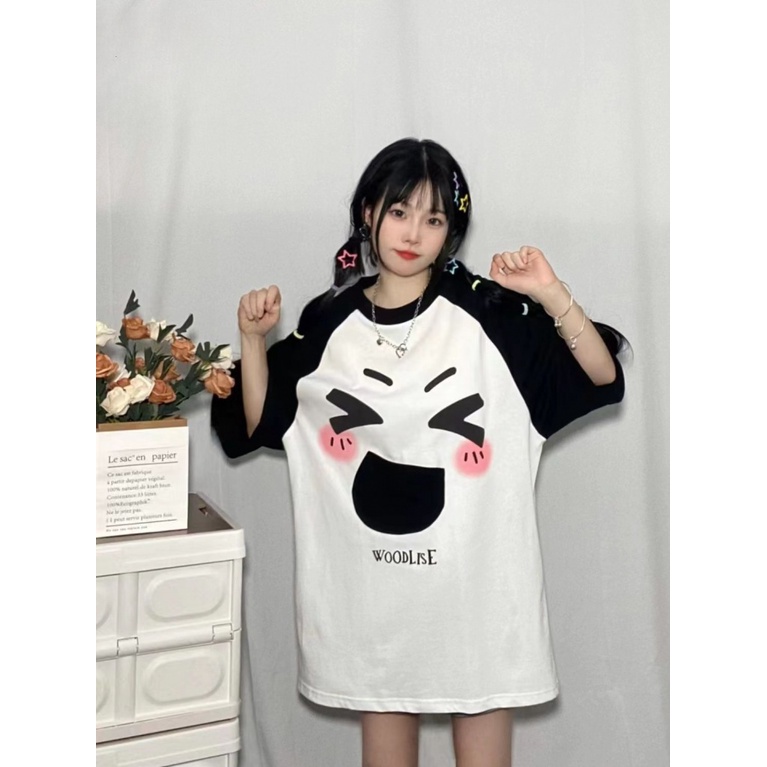 Áo Thun Raglan Tay Ngắn In Họa Tiết Biểu Tượng Cảm Xúc Nặng Gram Dễ Thương Thời Trang Mùa Hè Cho Nữ