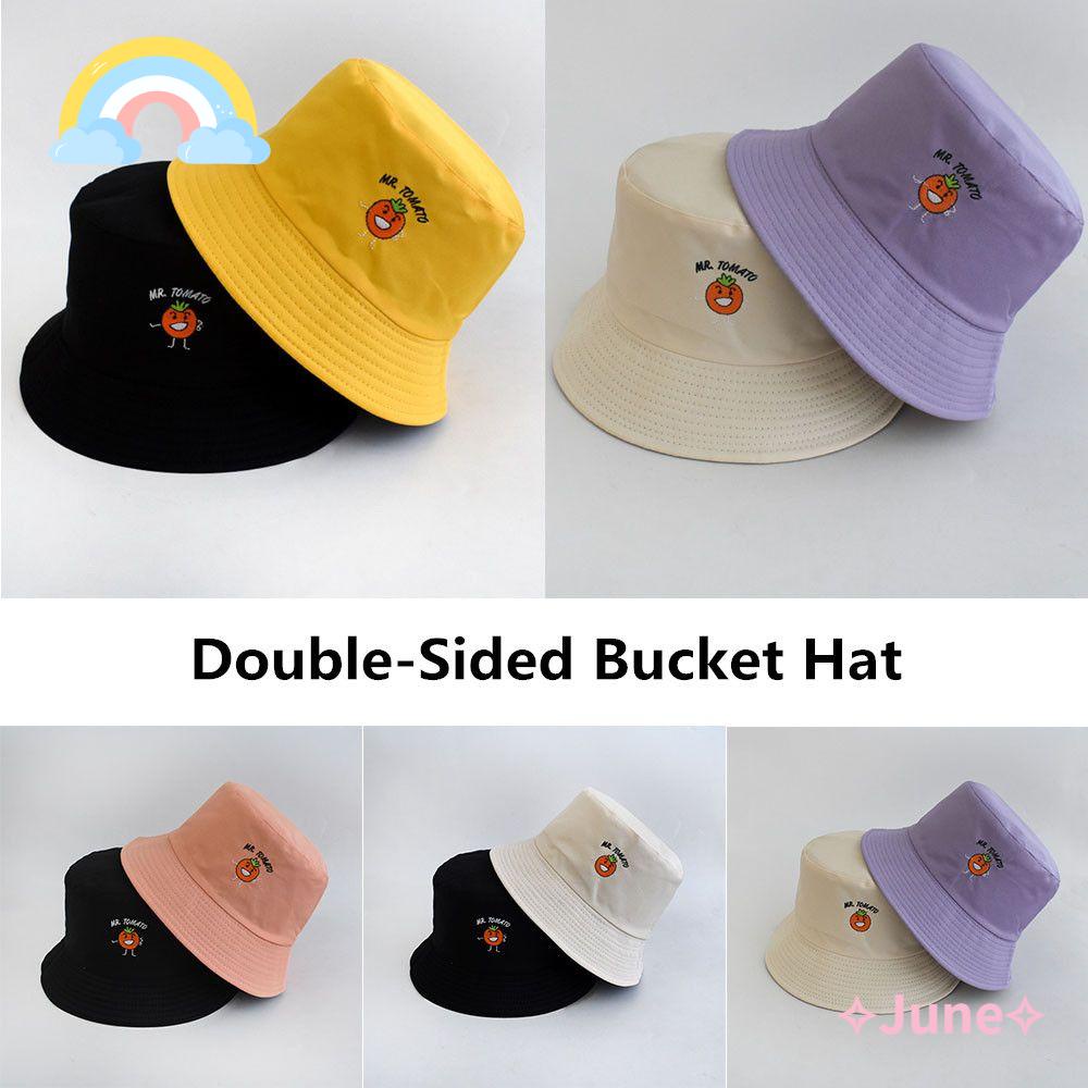 JUNE Mũ Bucket Hai Mặt Thêu Họa Tiết Đơn Giản Thời Trang Đi Biển Mùa Hè Cho Nam Và Nữ