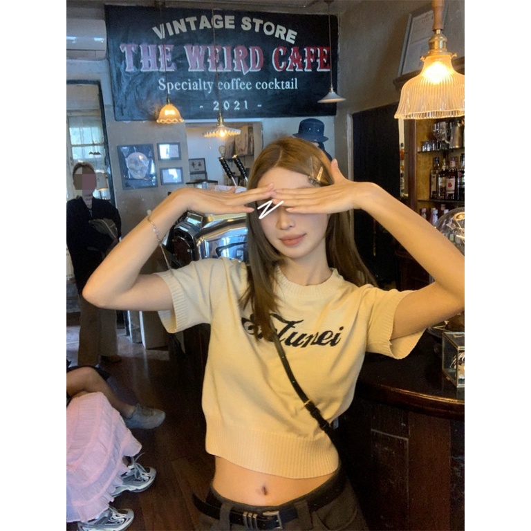 Áo Thun Dệt Kim Tay Ngắn Cổ Tròn Dáng Rộng In Họa Tiết Thời Trang Mùa Hè Phong Cách Hàn Quốc