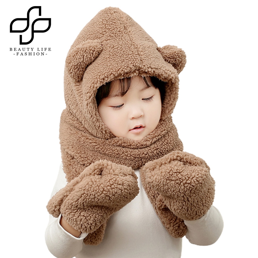 Khăn Choàng Cổ / Mũ / Găng Tay Giữ Ấm Mùa Đông 3 Trong 1 Kiểu Dáng Hoạt Hình Dễ Thương Dành Cho Bé Gái