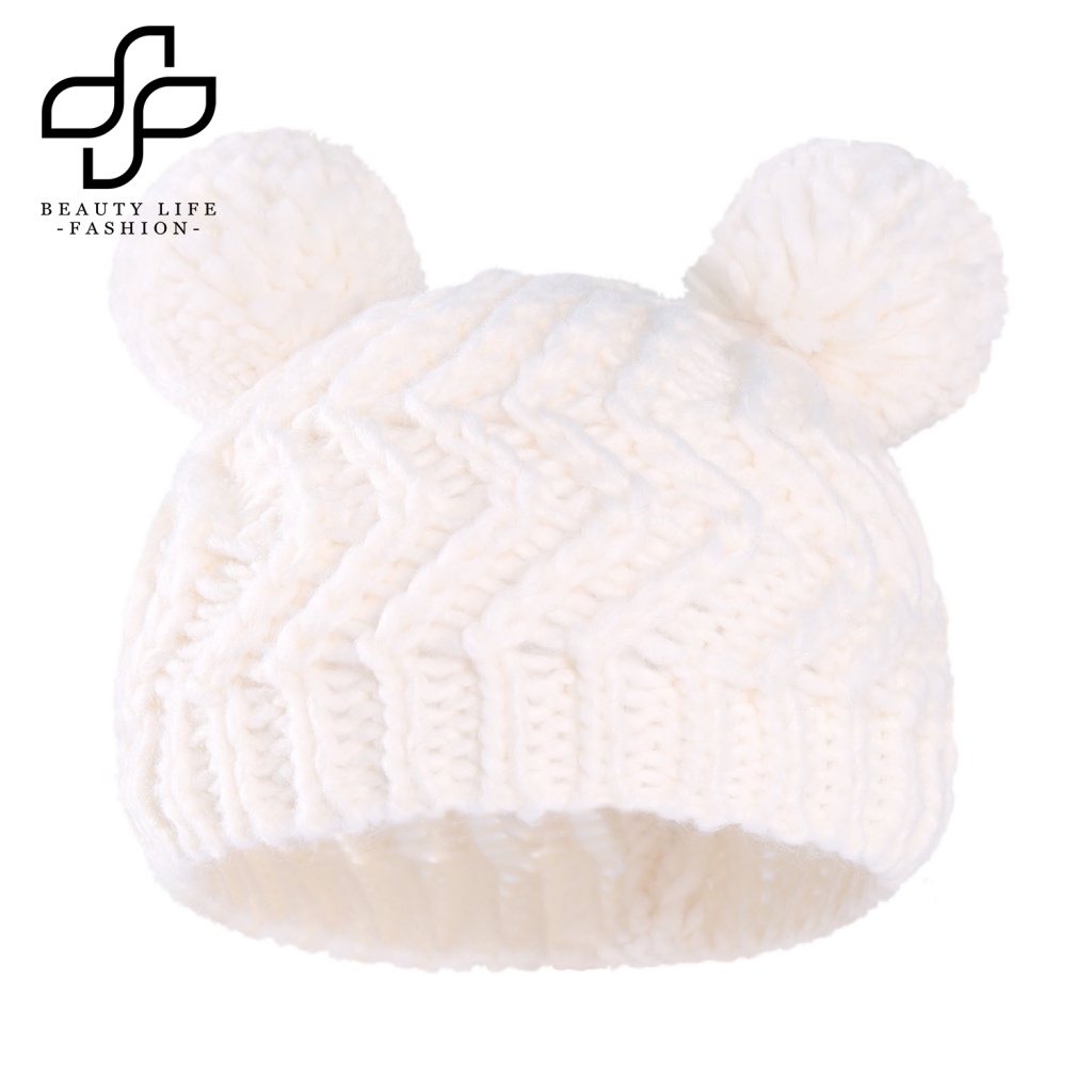 Beautylife Mũ Len Beanie Dệt Kim Dày Dặn Co Giãn Đính Hai Quả Bông Màu Trơn Thời Trang Thu Đông Dành Cho Bé Trai Bé Gái