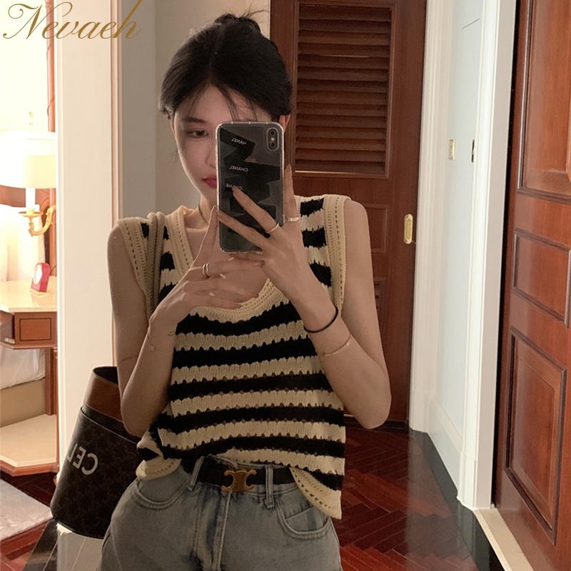 Áo Dệt Kim Sát Nách Kẻ Sọc size Lớn Thiết Kế Mới Mùa Hè Phong Cách retro Cho Nữ