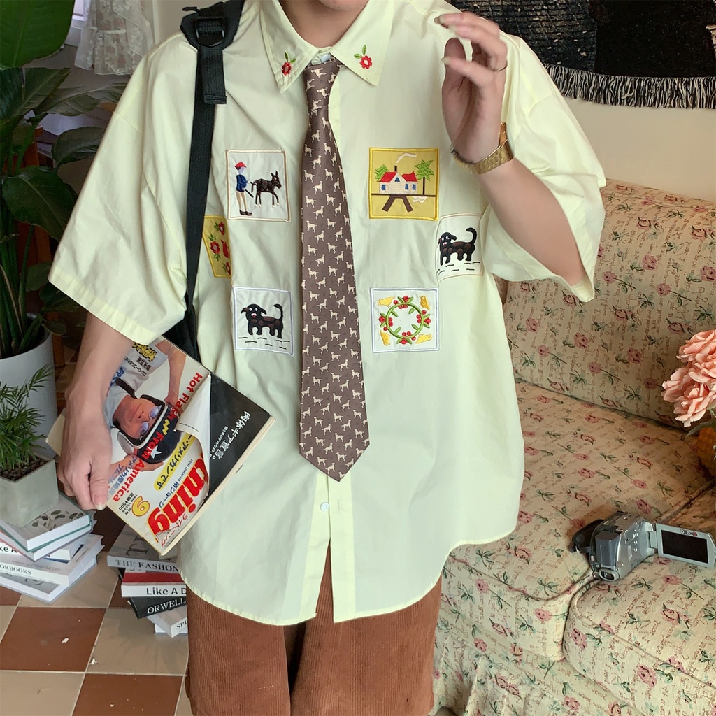 Áo Sơ Mi Tay Ngắn C2 Thêu Họa Tiết Phong Cách Đường Phố Cổ Điển Thời Trang Mùa Hè Cho Cặp Đôi