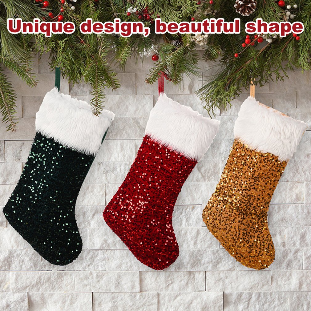 =Christmas=SDW004 Sequin Christmas Socks Plush Decorative Tree Hanging Sequin Gifts Sock