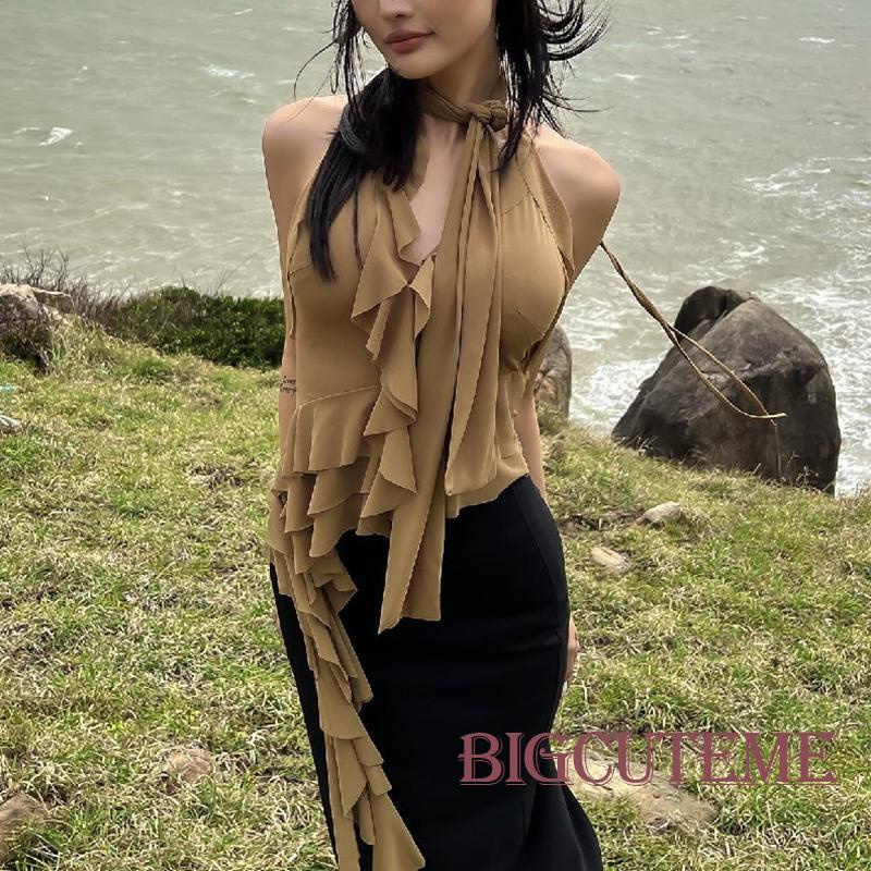 [] Áo Cổ Chữ V Hở Lưng Phối Tua Rua + Khăn Choàng Cổ Mùa Hè Đường Phố Cho Nữ