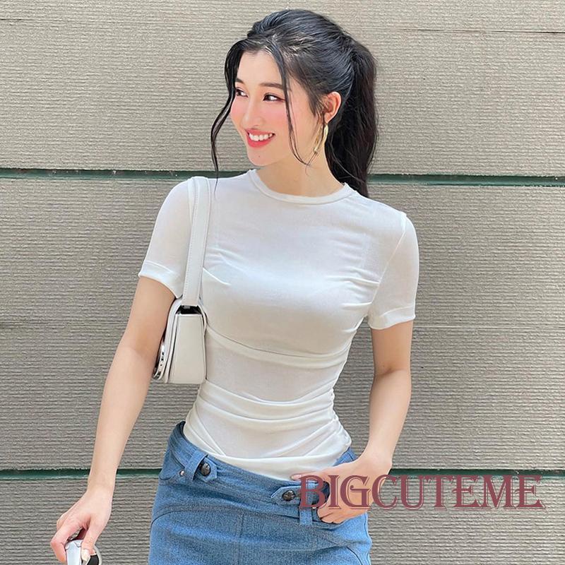 Áo Thun Ngắn Tay Cổ Tròn Xếp Ly Màu Sắc Đơn Giản Thời Trang Mùa Hè Cho Nữ