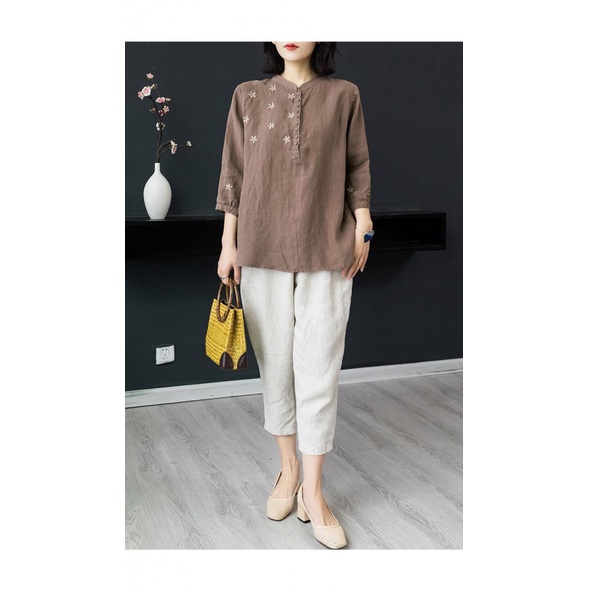 Áo Sơ Mi Vải Lanh cotton Ba Lỗ Thêu Hoa Màu Trơn Dáng Rộng Thời Trang Xuân Hè Cho Nữ