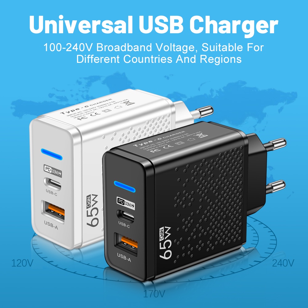 Cốc Sạc Nhanh Nhiều Cổng USB Type C QC3.0 65W + Sạc PD / 65W Cho Điện Thoại Huawei Samsung Iphone