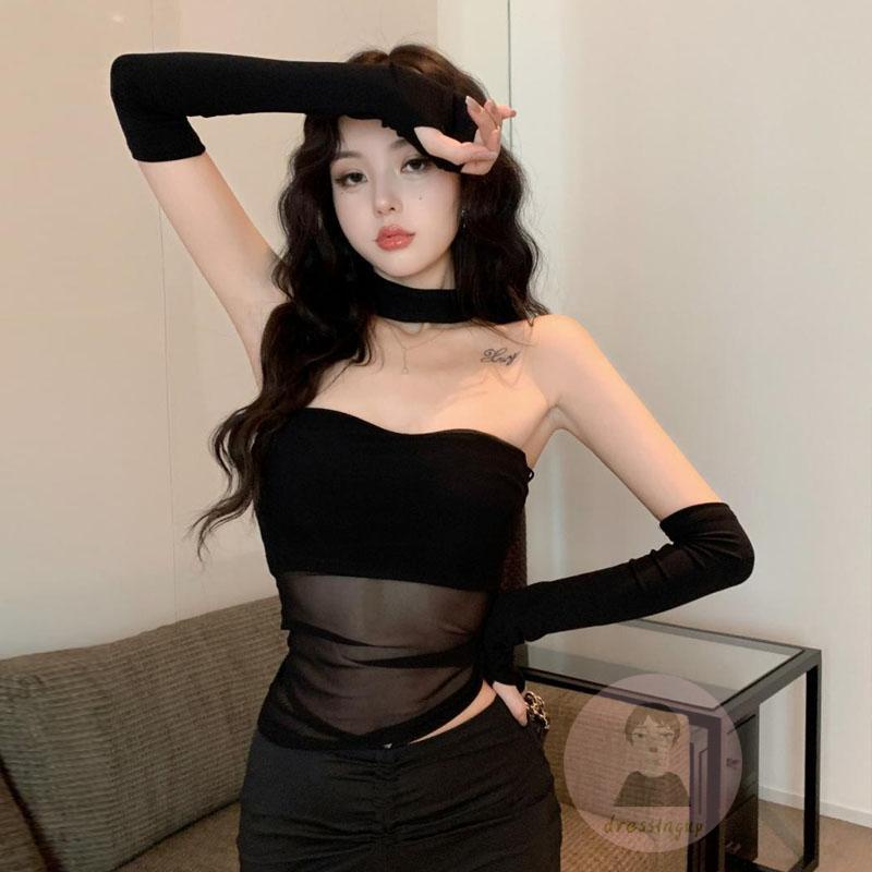 Áo Ống Hở Lưng Dạng Lưới Màu Trơn Kèm Vòng Cổ Dành Cho Nữ