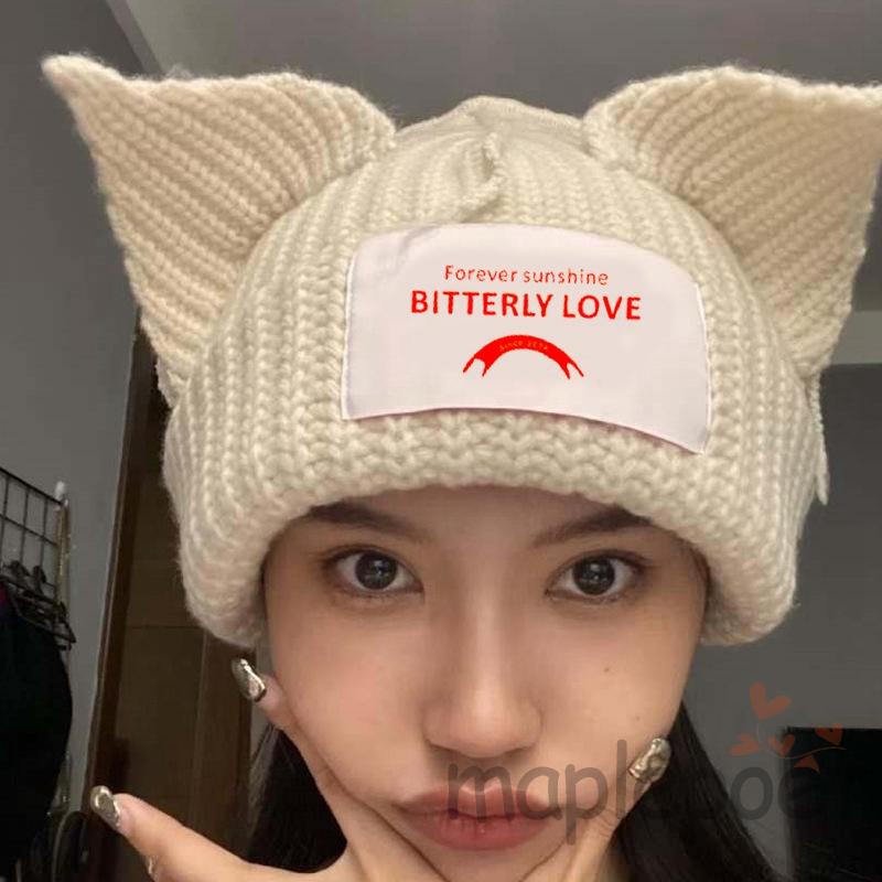 Mũ Len Beanie Dệt Kim In Họa Tiết Tai Mèo Thời Trang Thu Đông Màu Be / Đen / Xanh Dương