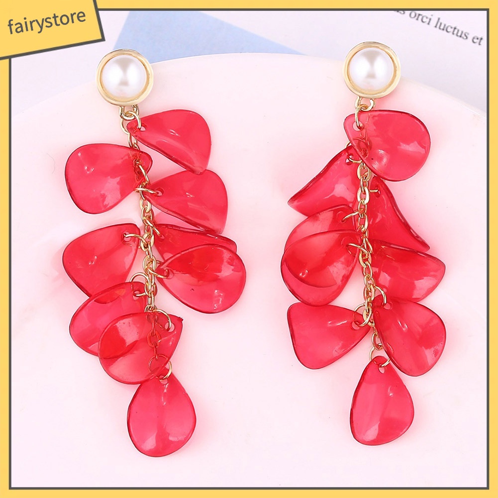 Bông Tai Dáng Dài Hình Cánh Hoa Bằng Nhựa Resin Phối Tua Rua Thanh Lịch Cho Nữ