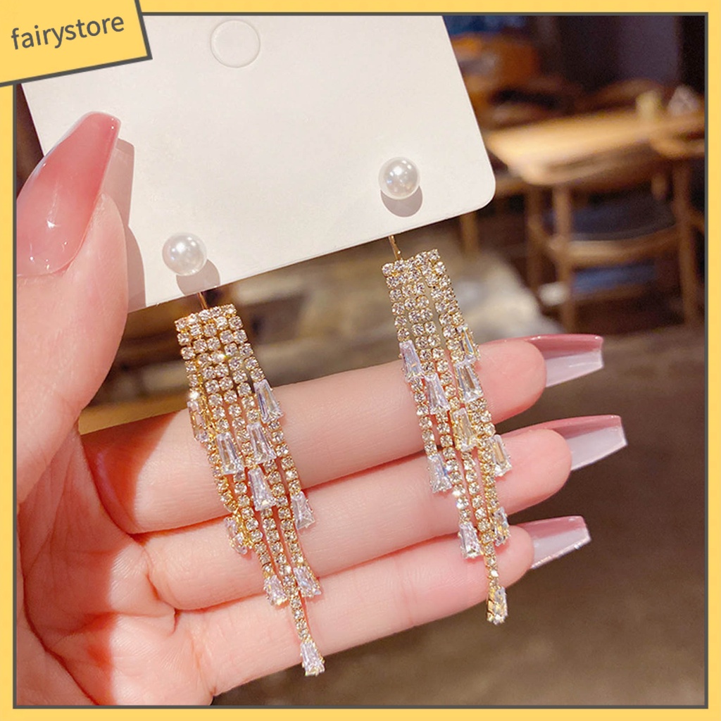 1 Đôi Bông Tai Dáng Dài Đính Ngọc Trai Giả Lấp Lánh Phong Cách Hàn Quốc