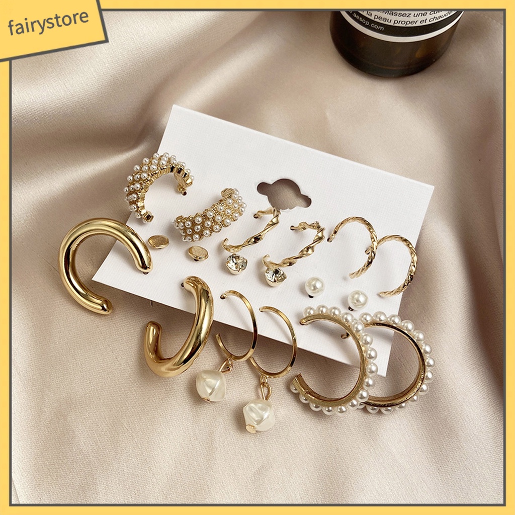 Set 9 Đôi Bông Tai Tròn Đính Đá / Ngọc Trai Giả Thời Trang Cho Nữ