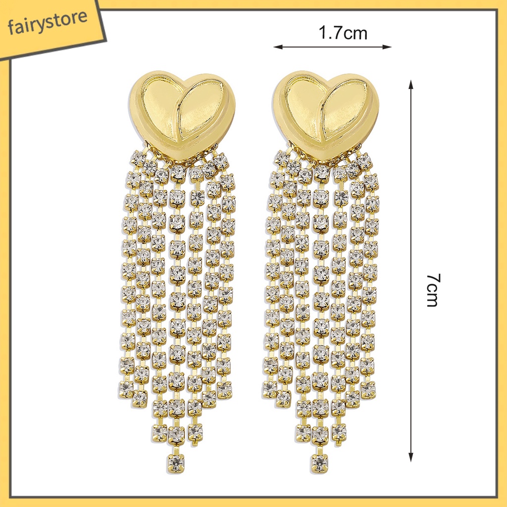 1 Đôi Bông Tai Dài Tua Rua Hình Trái Tim Đính Đá Kiểu Pháp