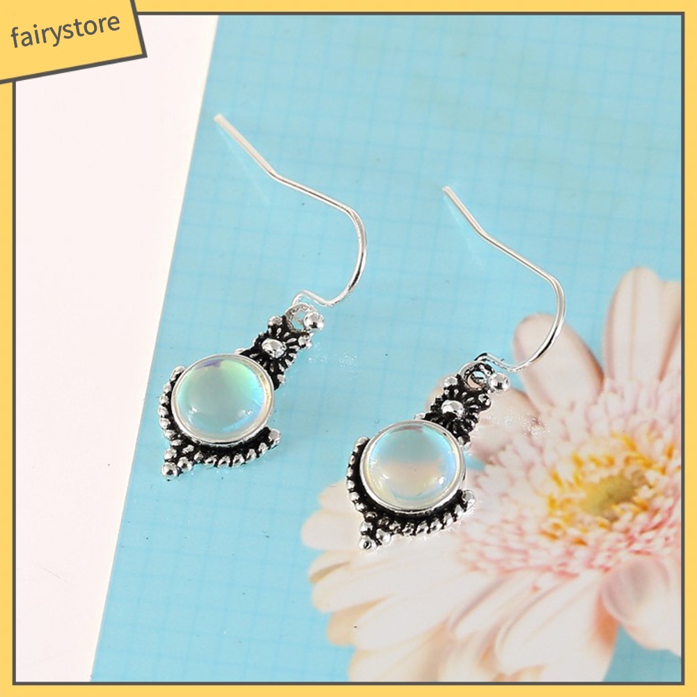 Bông Tai Móc Dáng Dài Đính Đá Mặt Trăng Màu Sắc Cầu Vồng Phong Cách Vintage