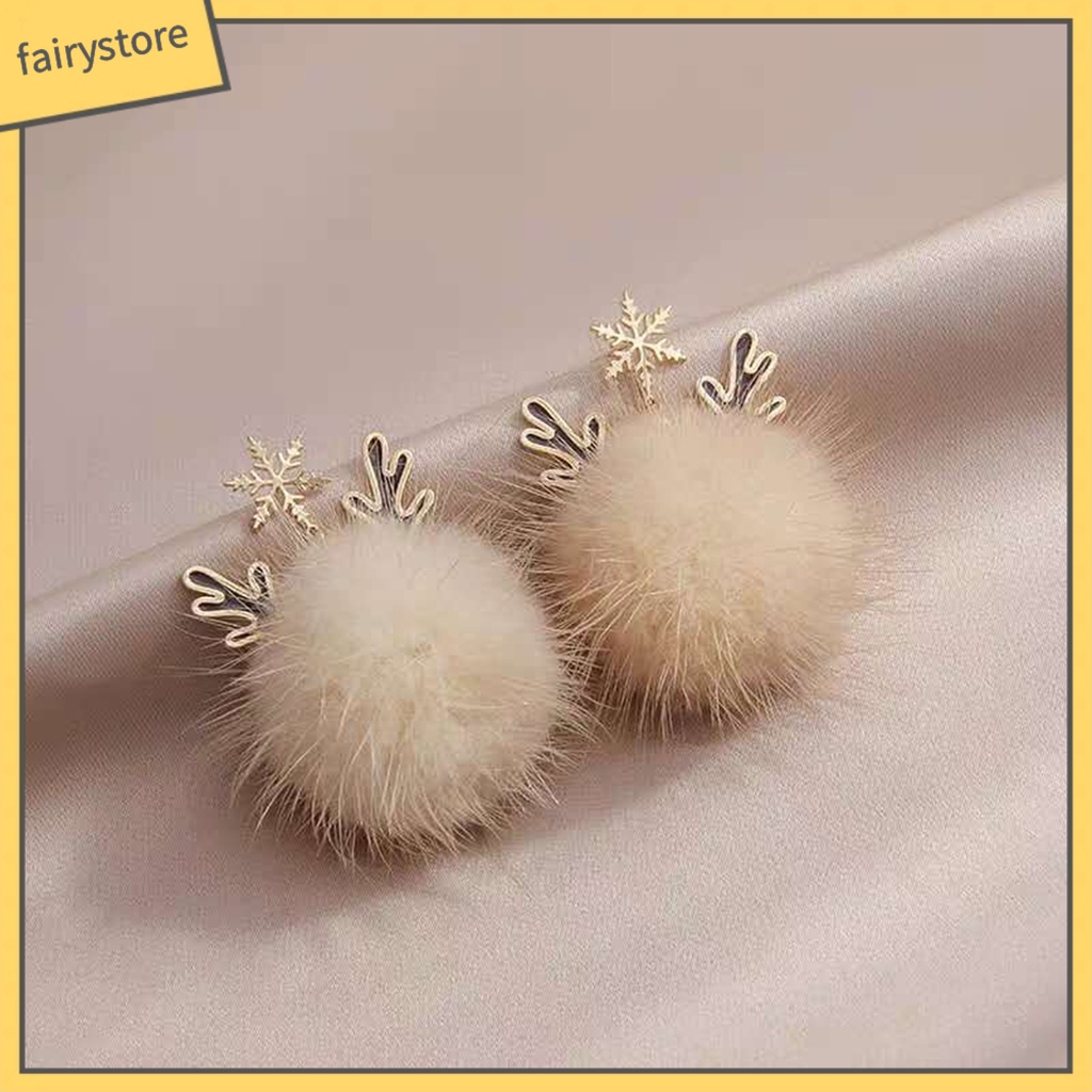 [FRO] 1 Đôi Bông Tai Thiết Kế Hình Học Dạng Tua Rua Bằng Lông Chồn Đính Sừng Hươu Cho Nữ