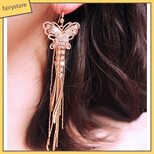 Bông Tai Tua Rua Dáng Dài Hình Bán Nguyệt / Bướm / Mặt Trăng Đính Đá Thời Trang Cho Nữ