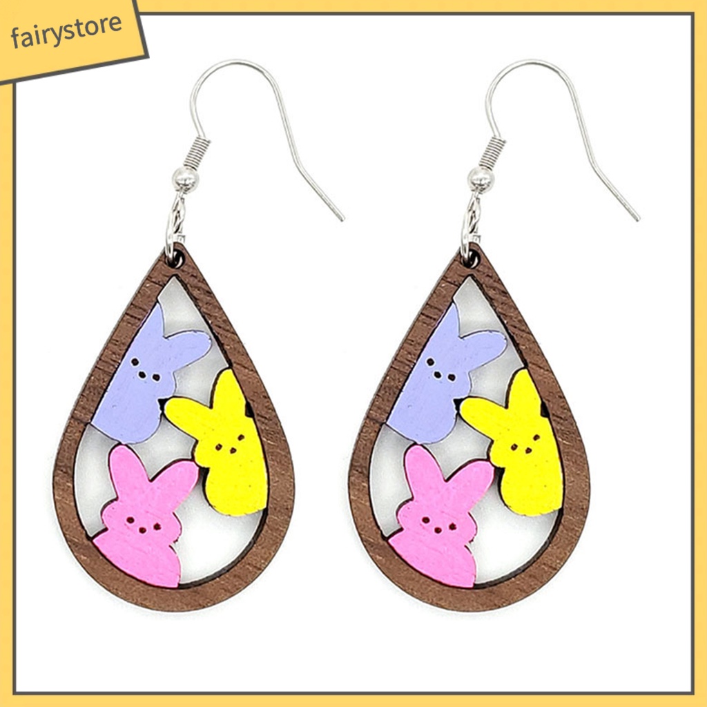 1 Đôi Bông Tai Hình Giọt Nước Họa Tiết Thỏ Bằng Gỗ Thời Trang