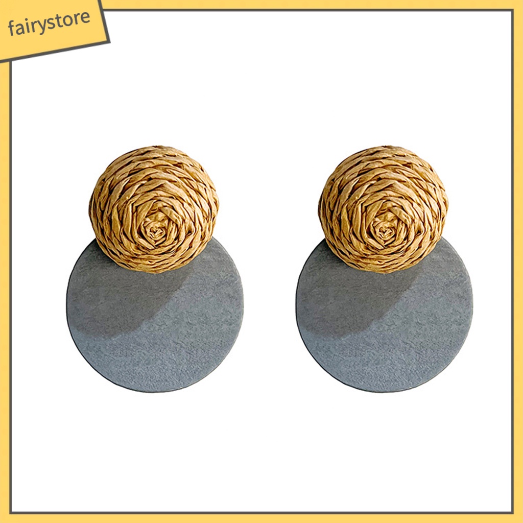 [FRO] 1 Đôi Bông Tai Xỏ Lỗ Bằng Gỗ Rơm Đan Kiểu Retro Mộc Mạc Đơn Giản Cho Nữ