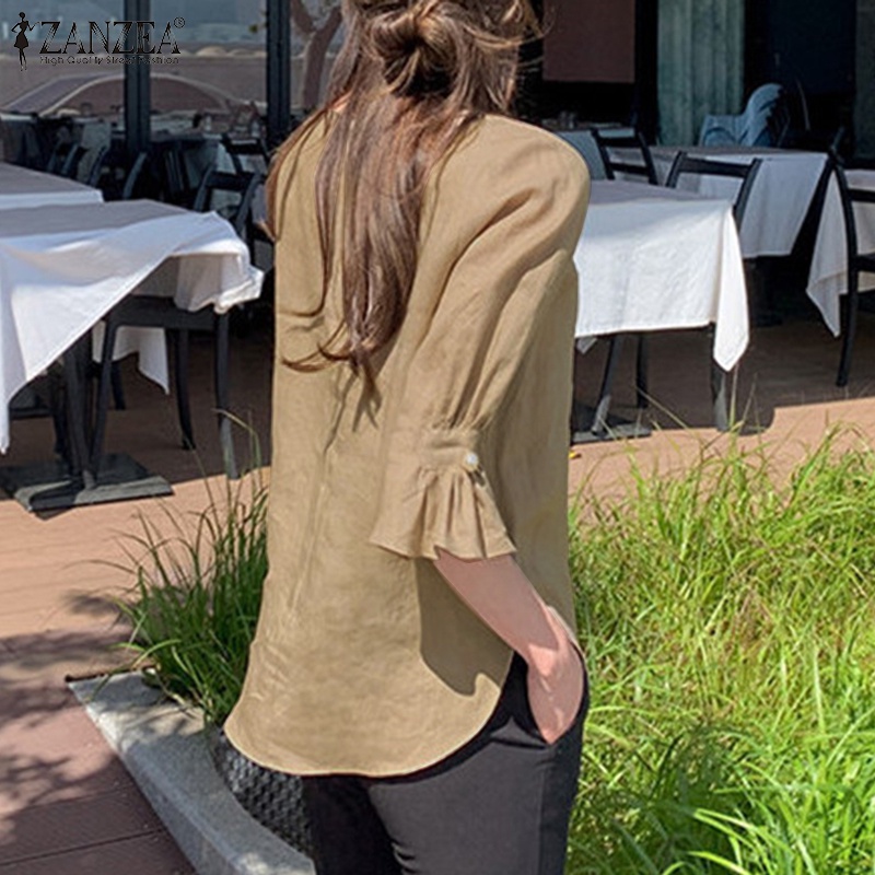 Zanzea Áo Thun Nữ Tay Lửng Cổ Tròn Màu Trơn Phong Cách Hàn Quốc