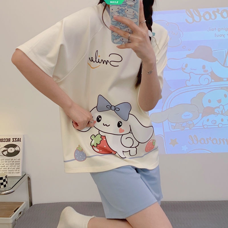 Bộ Đồ Ngủ Tay Ngắn Cổ Tròn In Hoạt Hình Kuromi Cinnamoroll Thời Trang Mùa Hè 2023 Cho Nữ