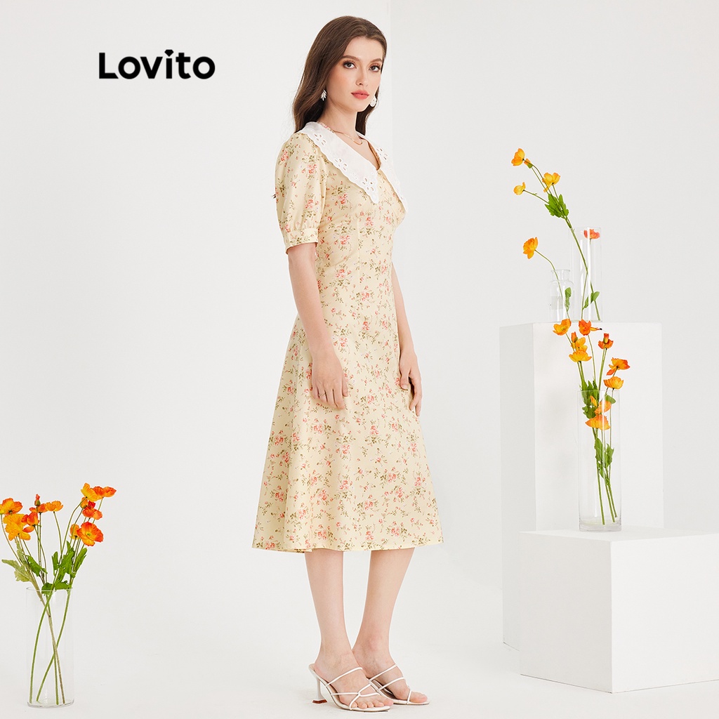 Đầm Lovito tay phồng thêu họa tiết cổ đứng tương phản họa tiết hoa boho cho nữ L51ED133 (màu vàng nhạt)