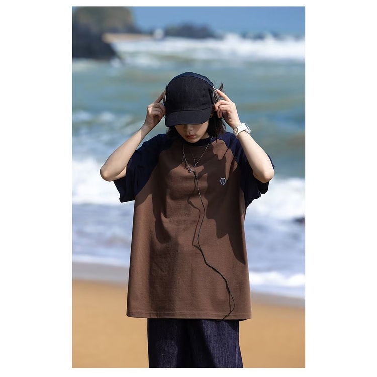 Áo Thun Raglan Tay Ngắn Dáng Rộng Màu Sắc Tương Phản Thời Trang Dành Cho Cặp Đôi