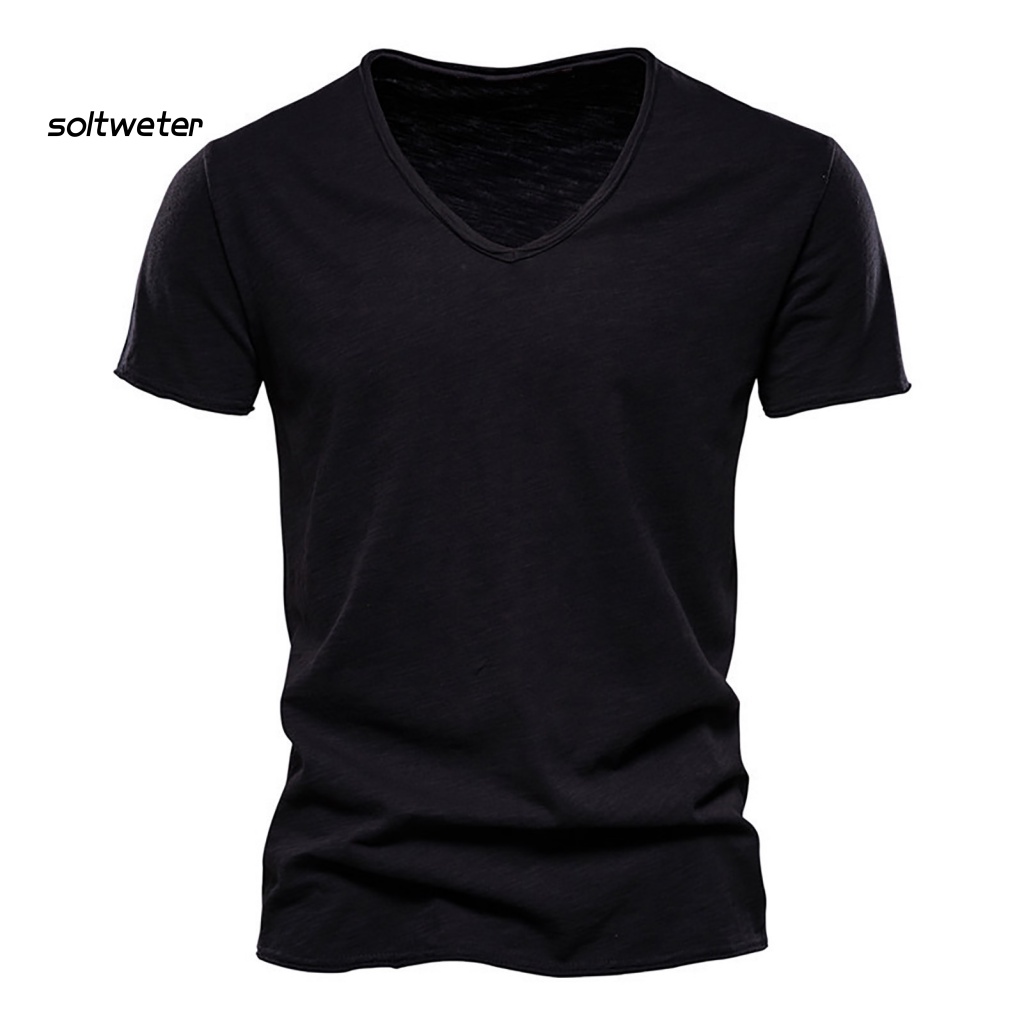 Áo Thun Tay Ngắn Cổ Chữ V Màu Trơn Mềm Mại Phong Cách Đường Phố Cá Tính Cho Nam