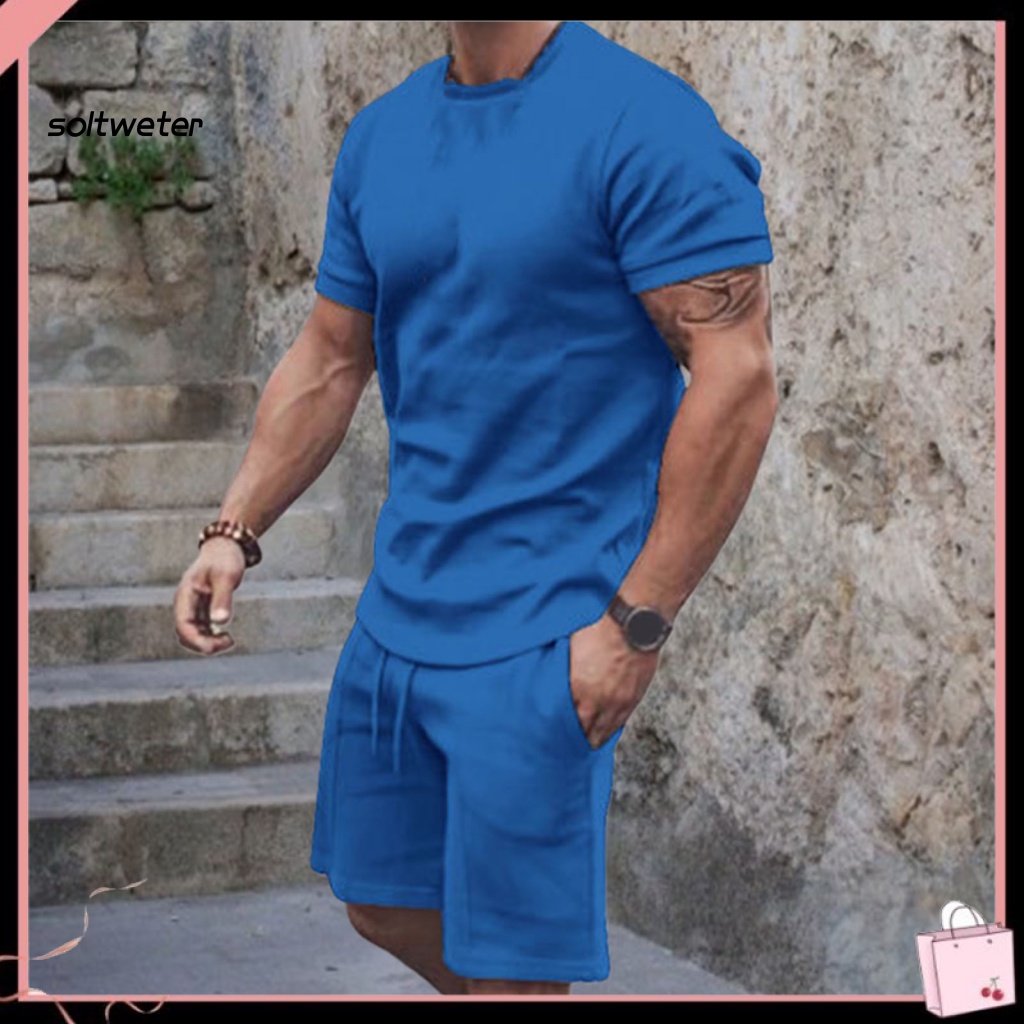 Bộ Trang Phục 2 Mảnh Gồm Áo Thun Tay Ngắn Cổ Tròn Màu Sắc Thời Trang Mùa Hè Cho Nam