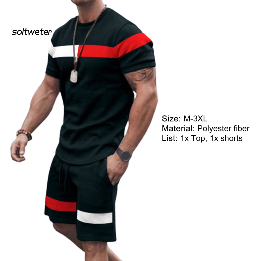 Bộ Đồ Thể Thao 2 Món Áo Thun Cổ Tròn Phối Quần Short Lưng Thun Màu Sắc Tương Phản Thời Trang Mùa Hè Cho Nam