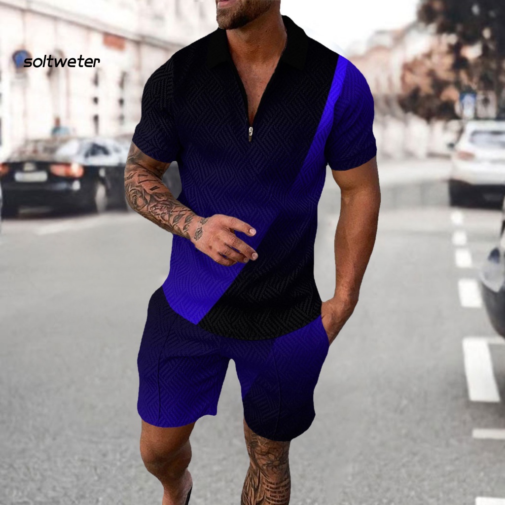 1 Bộ Đồ Thể Thao Đi Biển Mùa Hè Gồm Áo Cổ Bẻ In Họa Tiết Kỹ Thuật Số + Quần Short Có Túi Cho Nam