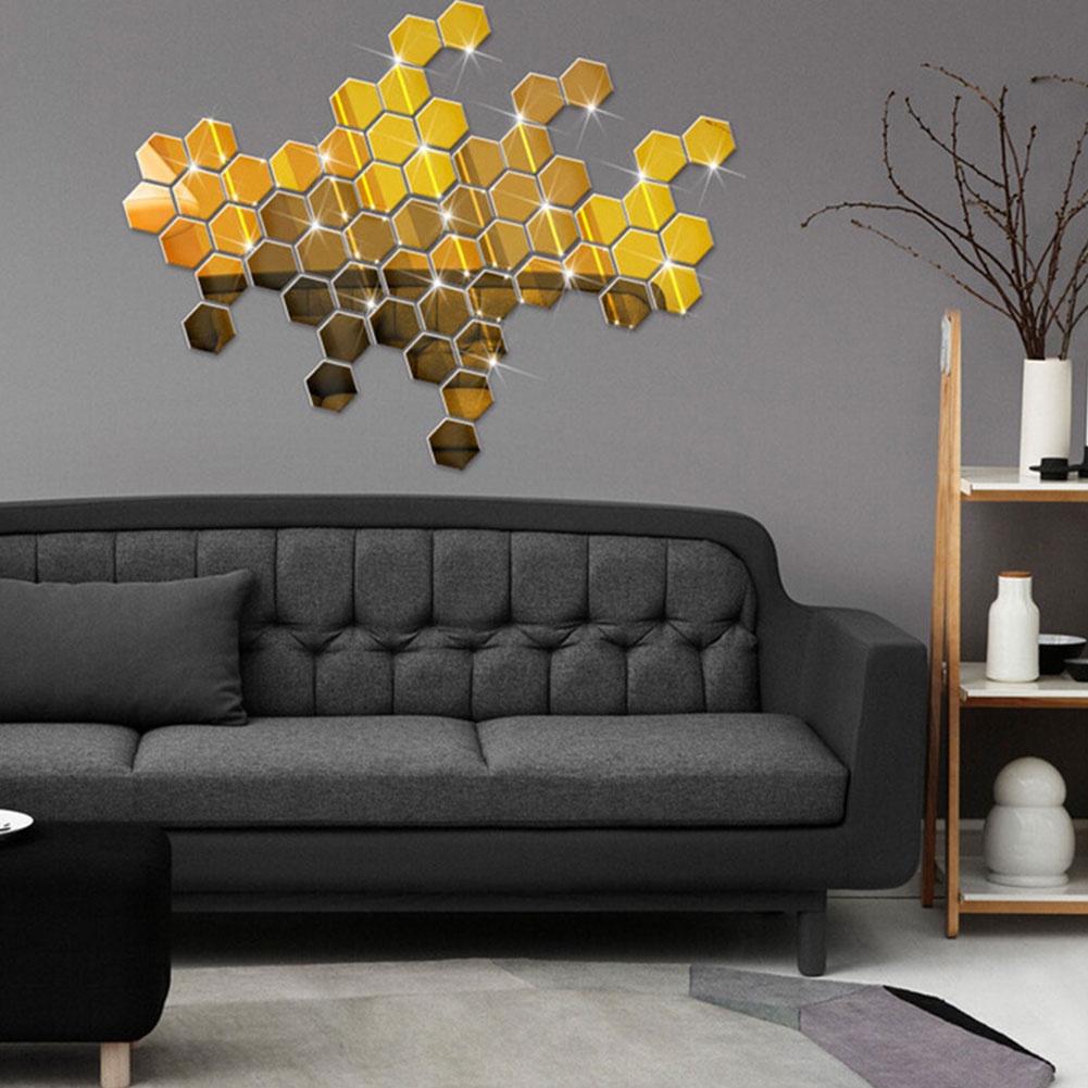 Bộ 12 Miếng Dán Tường Tráng Gương Hình Lục Giác 3D Bằng Acrylic Độc Đáo Trang Trí Nhà Cửa DIY
