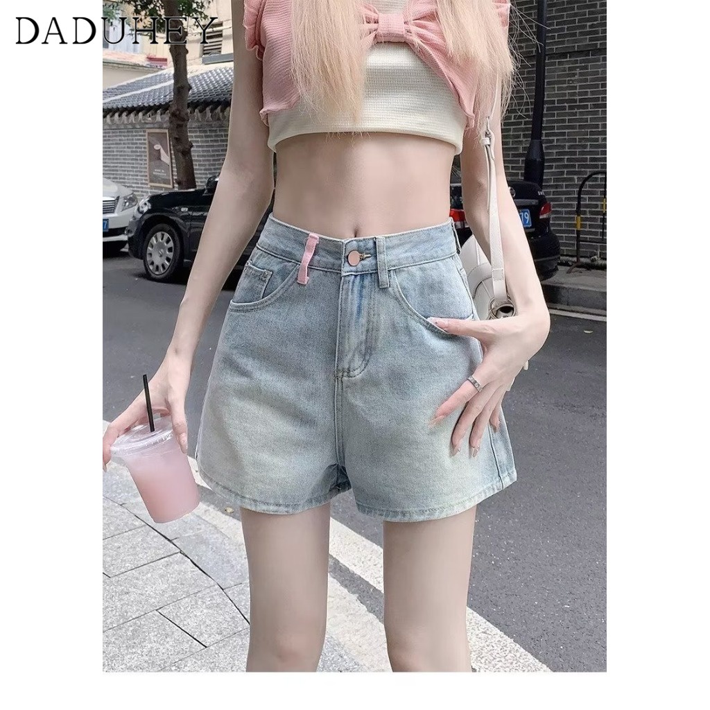 Quần short denim DADUHEY ống rộng cạp cao thời trang retro phong cách Hàn Quốc cho nữ