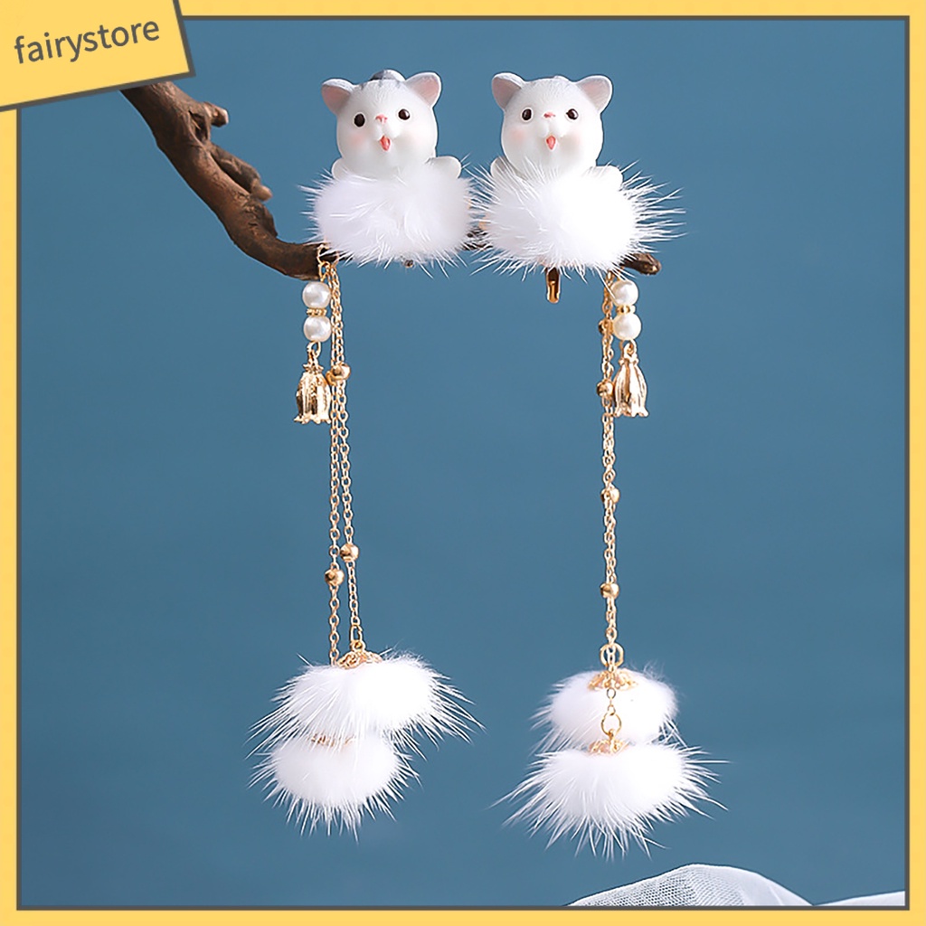 1 Cặp Kẹp Tóc Tua Rua Hình Mèo Dễ Thương Phong Cách Trung Hoa