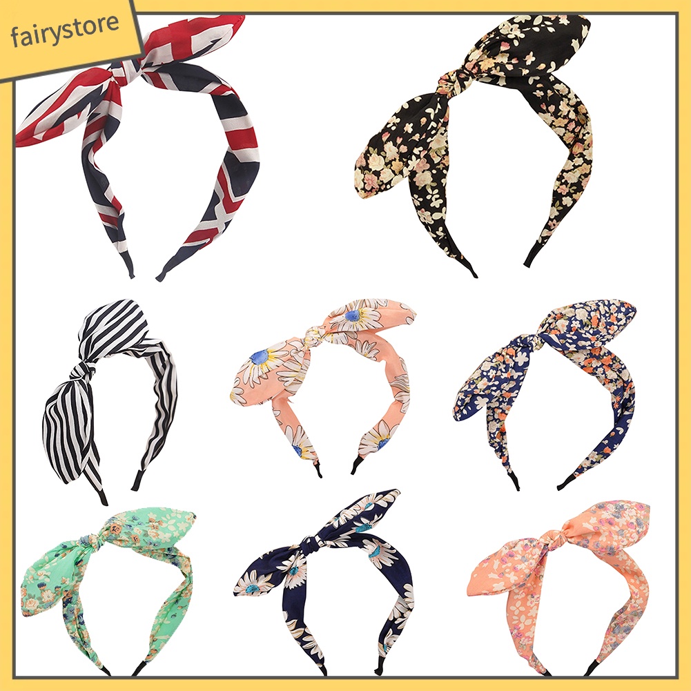 Băng Đô Cài Tóc Đính Nơ Tai Thỏ Họa Tiết Hoa Thời Trang Cho Nữ