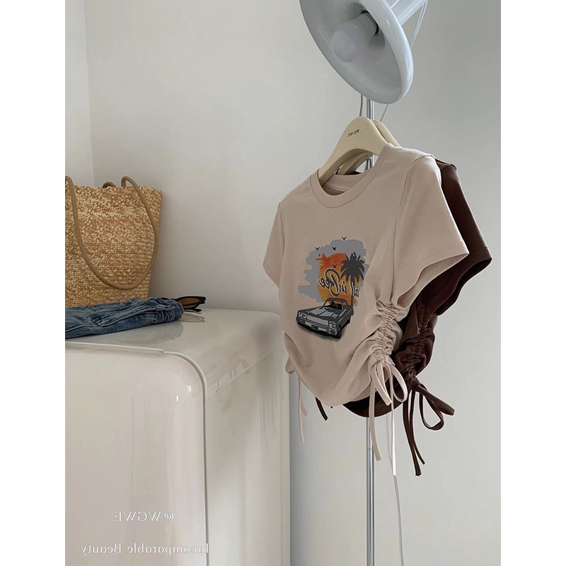 Áo Thun Tay Ngắn Phối Dây Rút In Họa Tiết Phong Cách Retro Mỹ Thời Trang Mùa Hè Cho Nữ