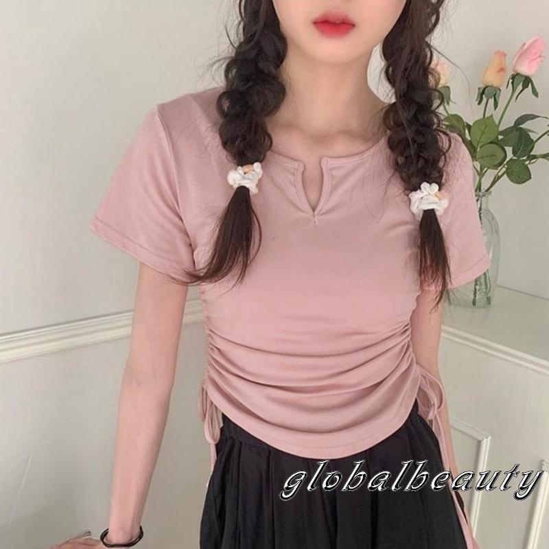 Áo Thun Tay Ngắn Cổ Chữ V Màu Sắc Đơn Giản Dành Cho Nữ