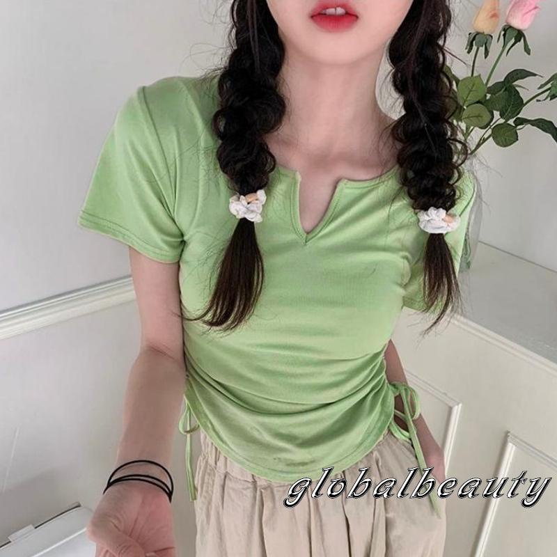 Áo Thun Tay Ngắn Cổ Chữ V Màu Sắc Đơn Giản Dành Cho Nữ