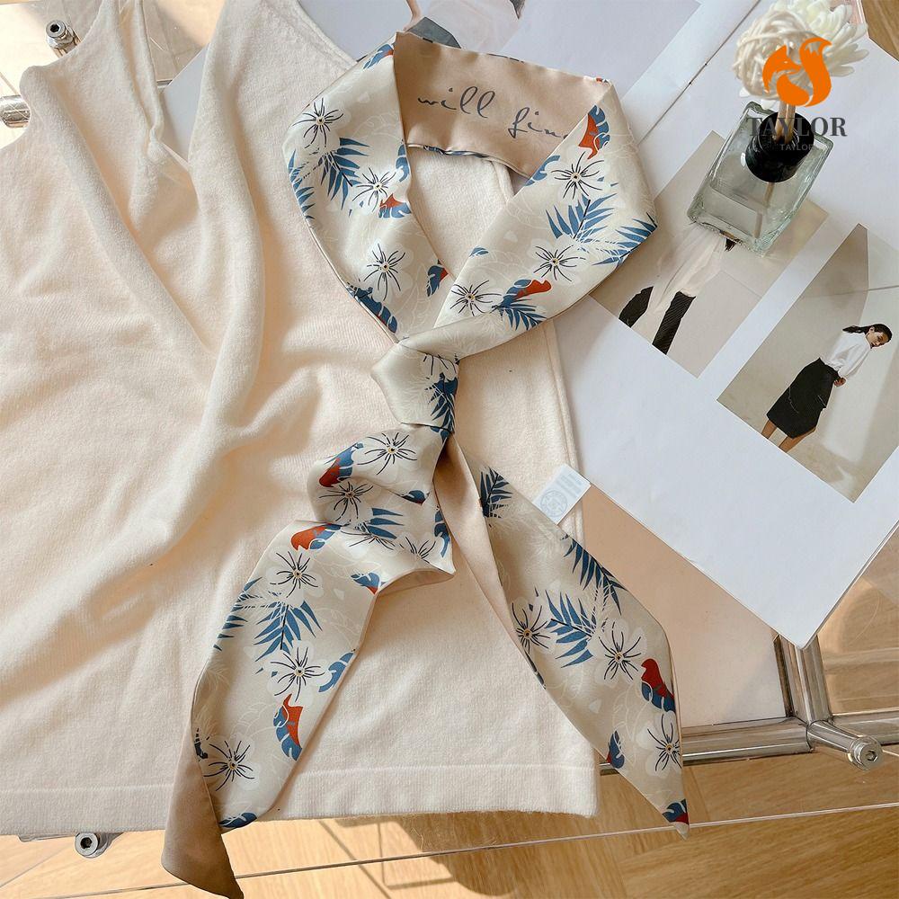 1 Khăn Quàng Cổ / Băng Đô Cài Tóc / Khăn Quàng Cổ Vải Lụa Satin In Họa Tiết Hoa Lá Kẻ Sọc Phong Cách Hàn Quốc Ngọt Ngào Dễ Phối Đồ Cho