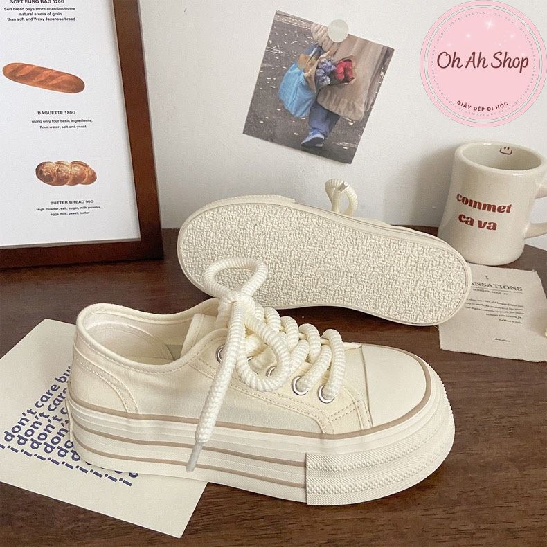 🍓  Giày Nữ Đi Học Giày Vải Đế Cao Màu Be Phong Cách Hàn Quốc