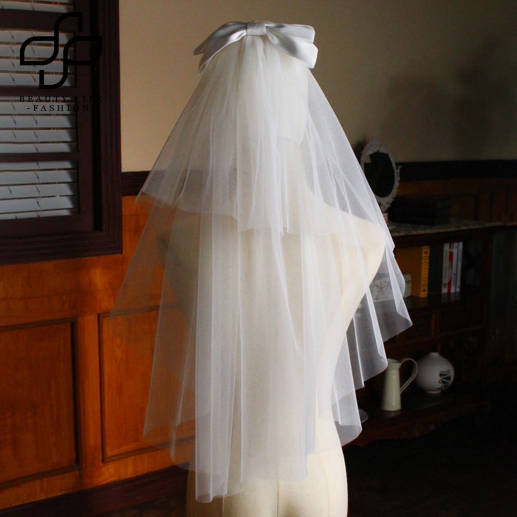 Mạng Che Mặt Đính Nơ Lưới Hai Lớp Màu Trắng Phong Cách Retro Dành Cho Cô Dâu Chụp Ảnh