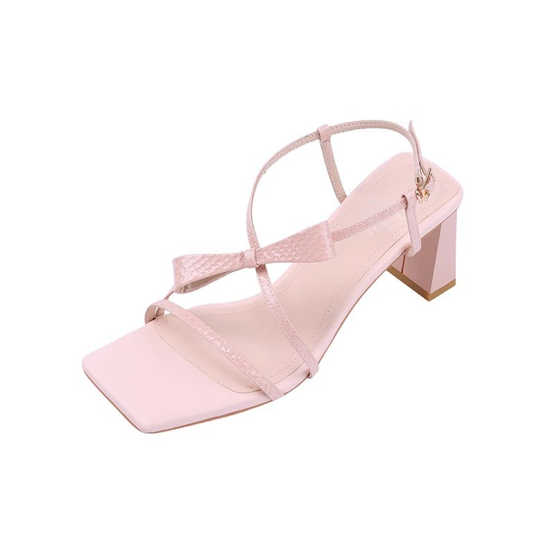 Duoya Nhà Máy Sản Xuất Tóc Thẳng ~ [Hàng Có Sẵn] Giày Cổ Tích ~!Giày Sandal Cao Gót Mũi Vuông Hở Ngón Quai Mảnh Màu Hồng Thắt Nơ Cho Nữ Miễn Phí Vận Chuyển