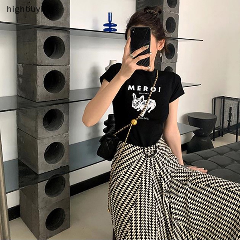 Áo Thun Lửng Ngắn Tay Cổ Tròn In Hình Chó Hoạt Hình Phong Cách Retro Mỹ Cho Nữ