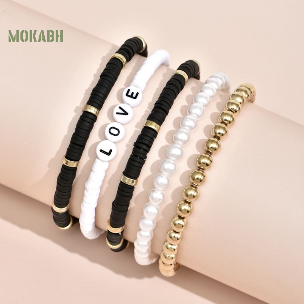 5 Vòng Tay Hạt Đất Sét Polymer Nhiều Màu Sắc Họa Tiết Chữ Love Phong Cách Bohemian
