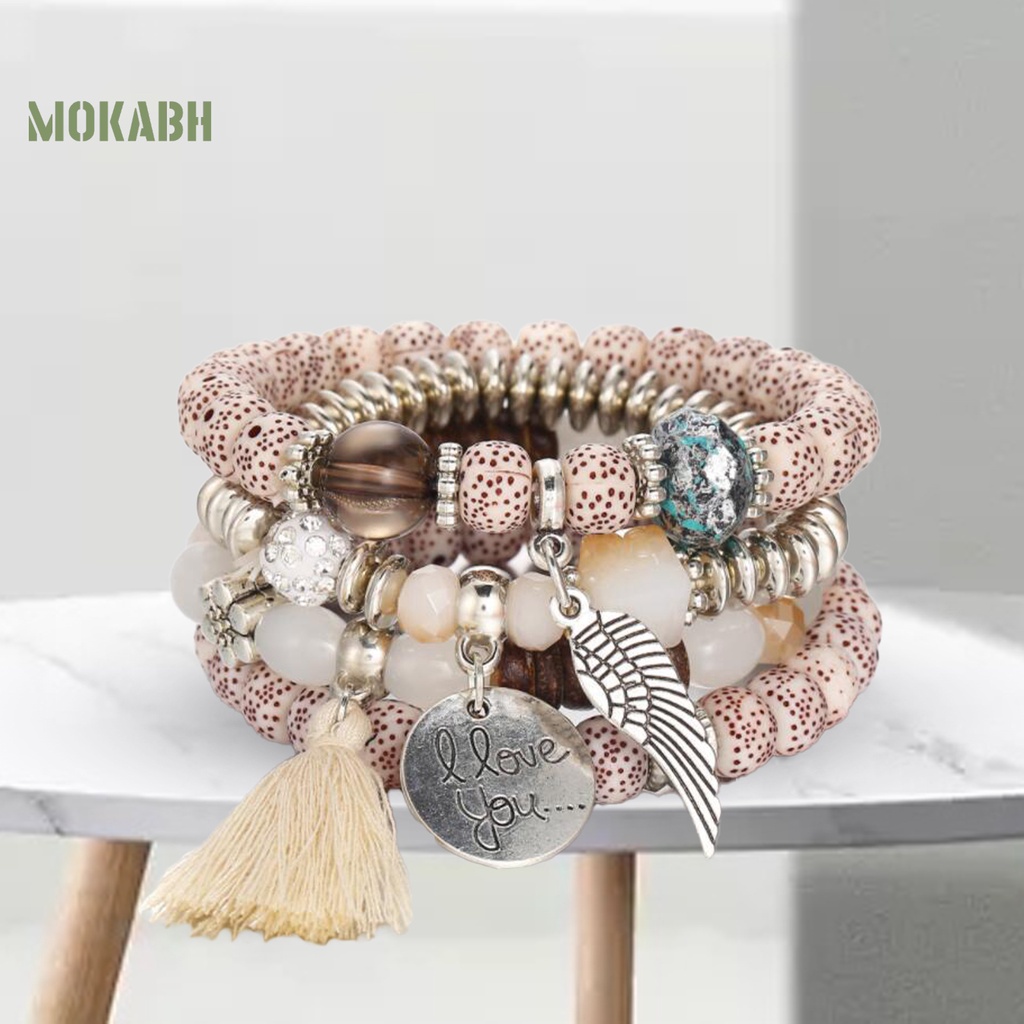 [Mok Abh] Bộ 4 Vòng Tay Chuỗi Hạt Nhiều Lớp Phong Cách Bohemian
