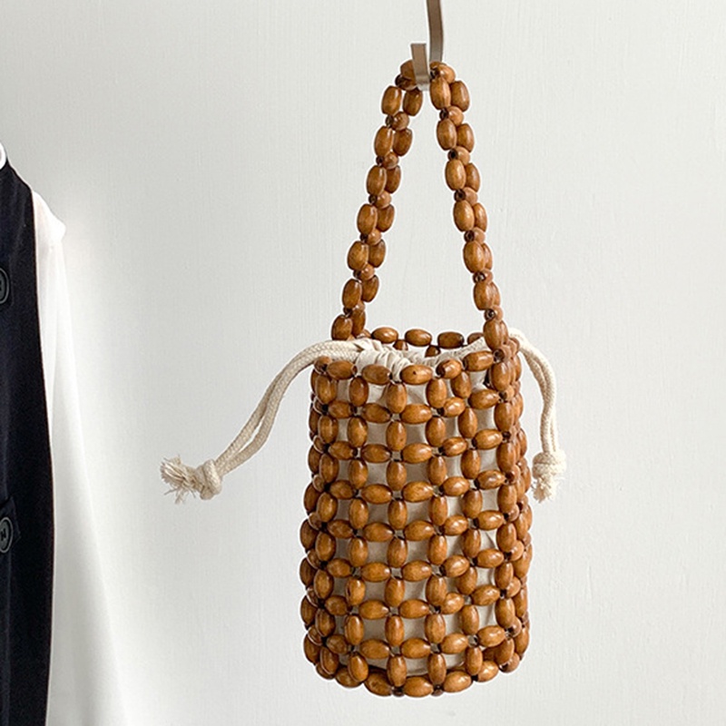 Ielgy Túi bucket Dây Rút Xỏ Hạt Gỗ Thủ Công Nhỏ Gọn Thời Trang niche Dành Cho Bạn Nữ