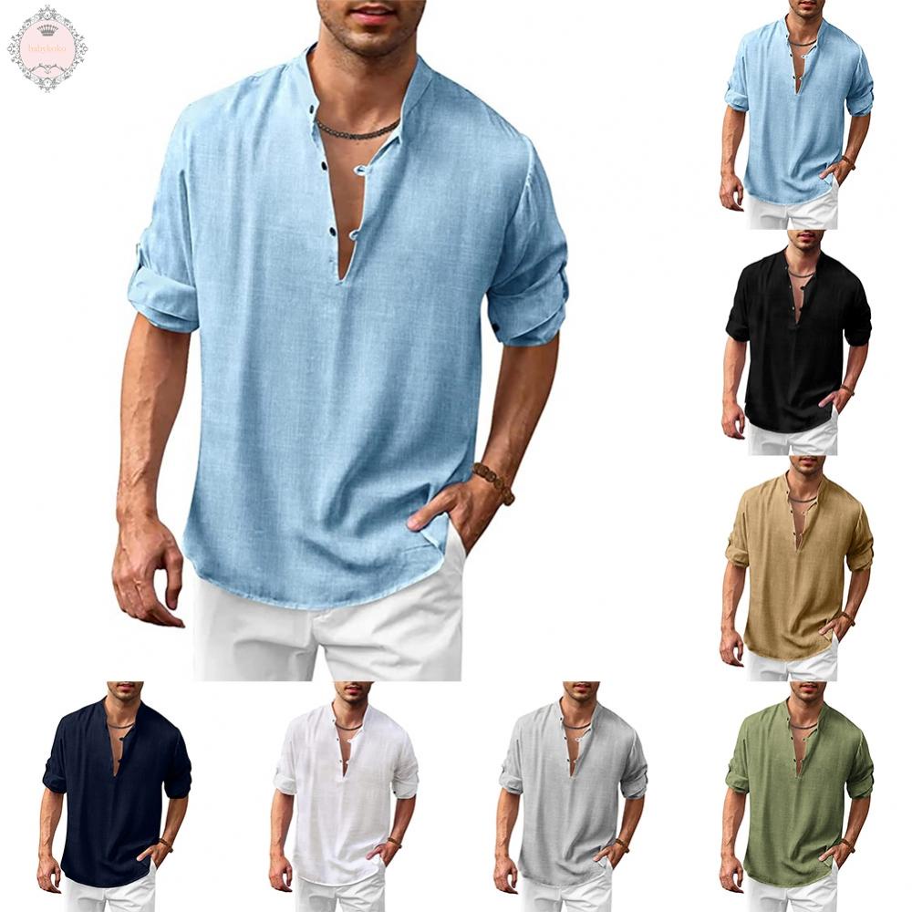 Comfortable Cotton Blend Men's Button Down Henley V Neck Long Sleeve Loose Shirt Tops
